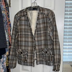 Zara blazer brown black white beige plaid